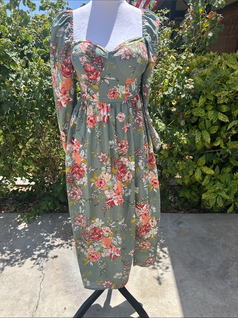 Boho floral cottage core garden party long sleeve maxi dress with slit - Picture 3 of 8